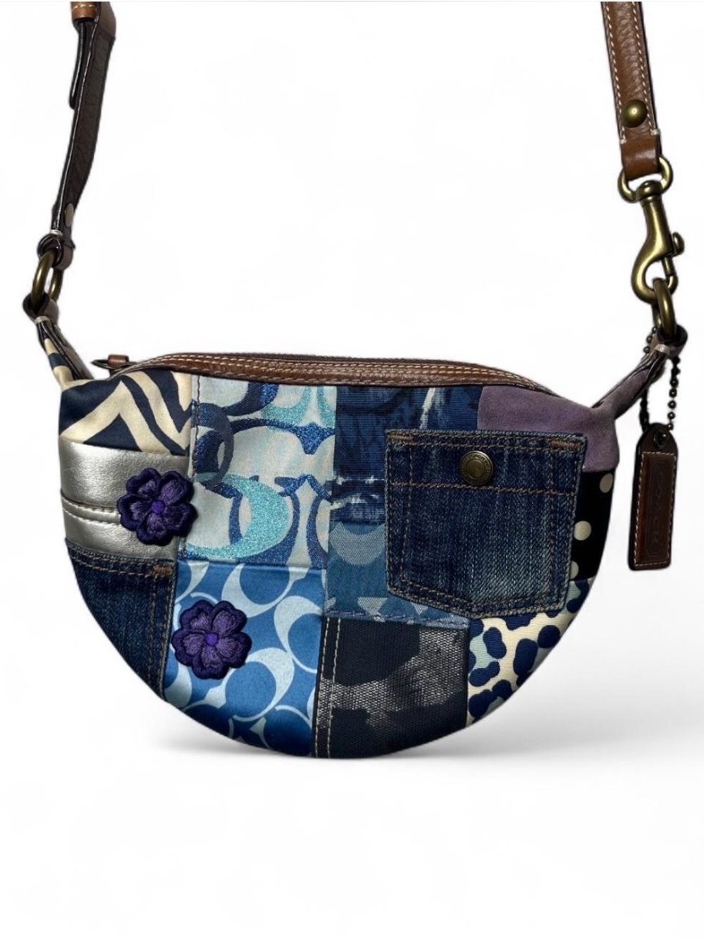Vintage Coach Denim Sig Patchwork Floral Embroidered Crossbody Purse Bag 10819